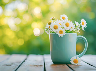 Fresh Spring Vibe with Chamomile Flowers in a Pastel Blue Mug on a Rustic Wooden Table