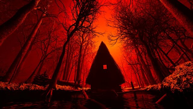 Eerie Red Forest with Mysterious Cabin