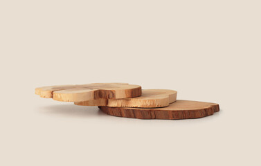 Wooden eco rustic pine tree wood platform podium on neutral beige background. Minimal empty display product presentation scene.
