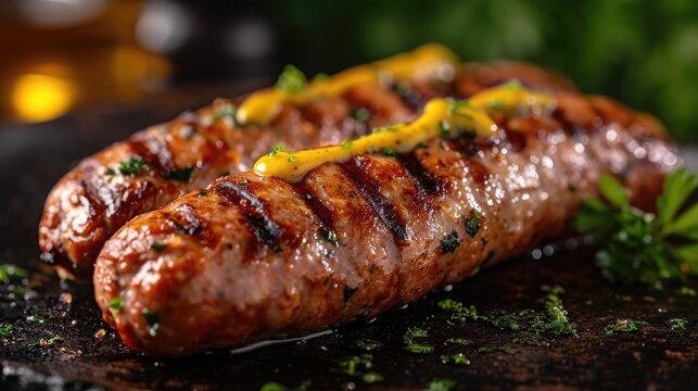 kovbasa (Ukrainian sausage), sizzling with grill marks, adorned with a splash of mustard, rustic tavern setting
