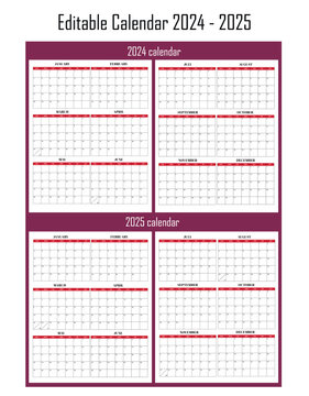 Calendar 2024 - 2025 years editable graphic template, Vector calendar design, week starts from sunday for corporate and planner | monthly calendar