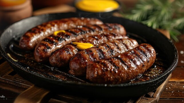 kovbasa (Ukrainian sausage), sizzling with grill marks, adorned with a splash of mustard, rustic tavern setting