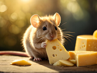 Small cute mouse eating big piece of cheese, close up