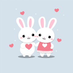 Obraz na płótnie Canvas Two cute bunnies hugging. Two cute bunnies or rabbits holding hands. Loving couple. Couple in love. Romantic concept. Valentines day