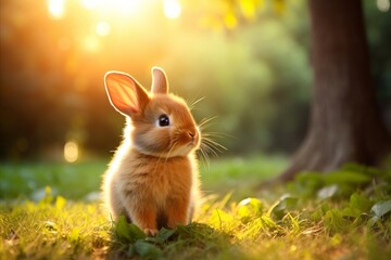 Fototapeta premium Adorable Baby Rabbit Sitting on Fresh Green Grass - Plenty of Room for Text and Copy Space Available