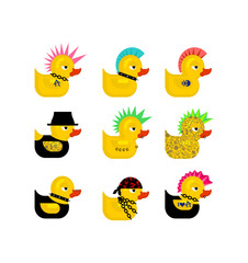 Rubber duck punk set. Duck toy punker. yellow punky