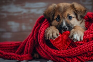 little mix breed puppy with knitted heart in red blanket. Saint Valentine. Adopt concept.