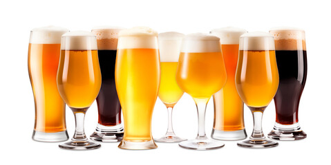 Set of Beer glasses on a white background. Mugs with drink like Ipa, Pale Ale, Pilsner, Porter or Stout
