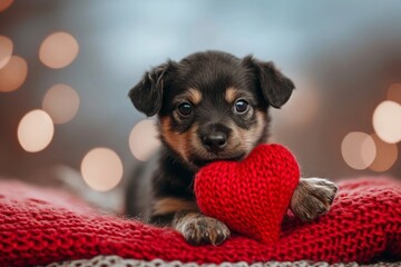 A red knitted heart in the paws of a mix breed puppy copy space. Saint Valentine Day. Adopt concept