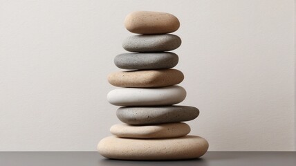 Stack of stone pebbles against beige wall