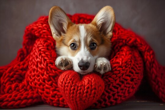little corgy puppy with knitted heart in red blanket. Saint Valentine.