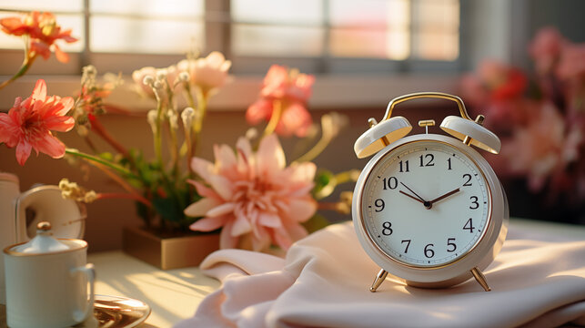 A soft pink mechanic alarm clock on the table with flowers 