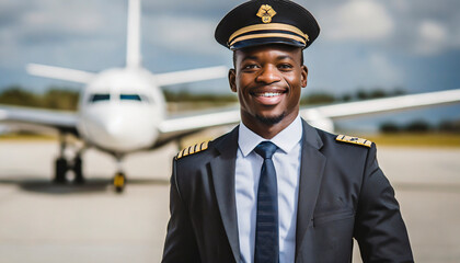 Portrait of young African American pilot standing in front of airplane at the airport - obrazy, fototapety, plakaty