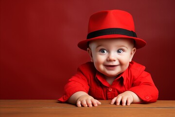 Joyful baby in Vibrant Red Suit and Hat Sitting at a Table with Ample Space for Text