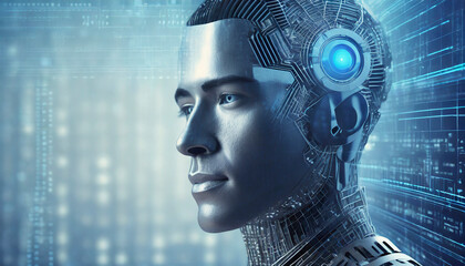Cyborg head on abstract background. Artificial intelligence concept. 3D Rendering