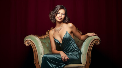 Gorgeous young woman in roaring twenties fashion, poised elegantly on a vintage chair at a themed party, exemplifying classic 1920s glamour and style.
