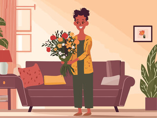 Woman holding a bouquet of flowers in living room, cartoon style illustration, flat illustration, vector illustration, valentine's day