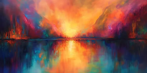 Poster Uma imagem retratando uma paisagem serena no estilo do impressionismo, com pinceladas suaves capturando a jogada de luz na água e cores vibrantes e pontilhadas © Alexandre