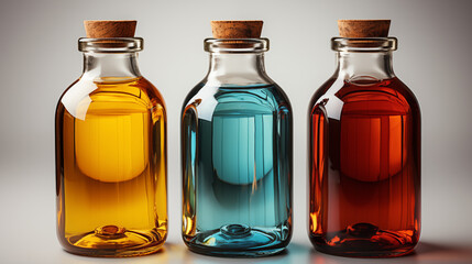 A highly aesthetic picture of three glass bottles of various colours, each sealed with a cork stopper