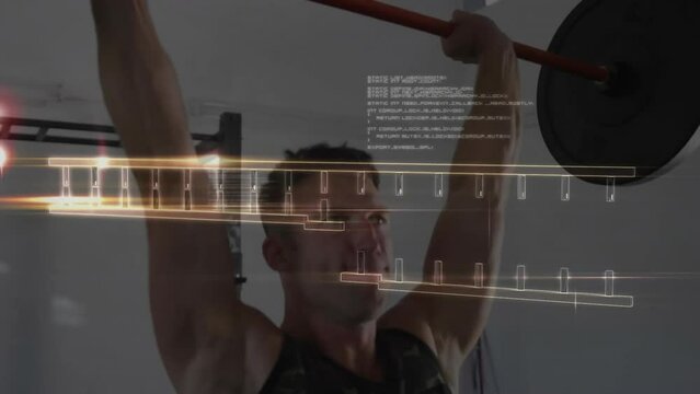 Animation of data processing and dna strand over caucasian man lifting barbell on gym