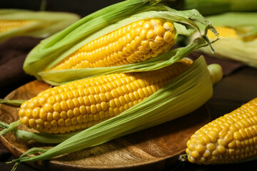 Plate with fresh corn cobs on black wooden table