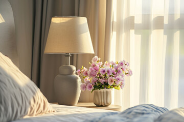 Bedside table with lamp and flowers in the bedroom. Generative AI