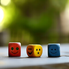 Dice with rounded edges are placed on a flat surface, each painted in a different color red, yellow, and blue. AI Generated
