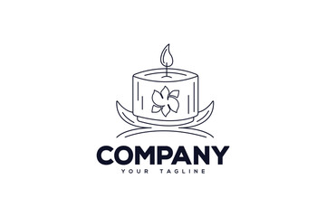 Logo design of a cute candle decorated green leaves on each side of the candle.