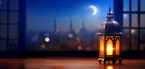  Ramadan Lantern on wooden table. Crescent moon and the stars.