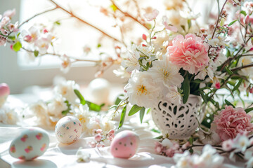 Easter eggs and flowers. Floral composition surrounded by Easter decor. Generative AI