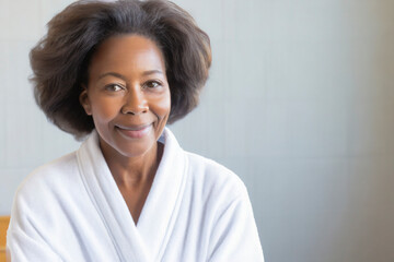 Portrait of smiling mature woman in bathrobe looking at camera in spa - obrazy, fototapety, plakaty