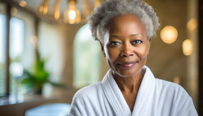 Portrait of smiling senior woman in bathrobe standing in spa center
