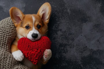 little corgy puppy with knitted heart. Saint Valentine.