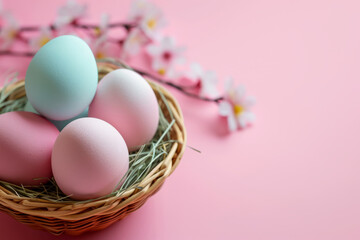 Obraz na płótnie Canvas Colorful easter eggs in a basket on a pink background. Generative AI
