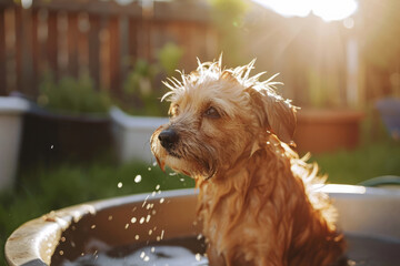 Dog taking a bath in the backyard. Generative AI