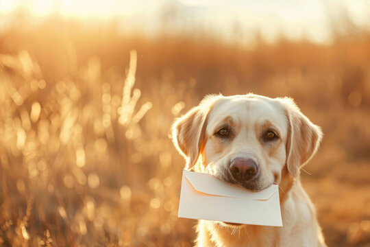 Dog holding a letter in its mouth. Generative AI