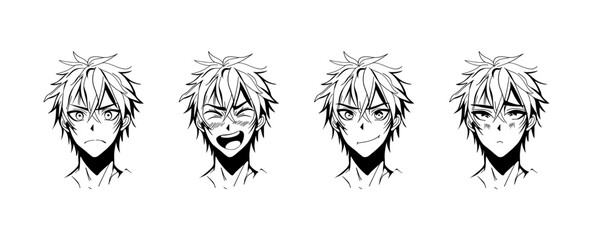 Male faces manga style. Cute cartoon anime characters with different emotions, traditional asian kawaii eyes comic concept. Vector isolated set