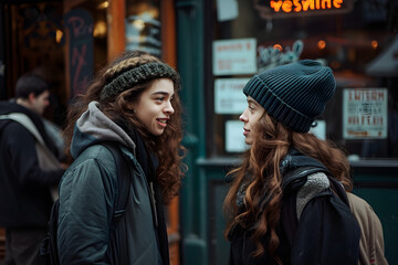 two strangers talking on the street, people talking on the street, asking a stranger something, street photography - obrazy, fototapety, plakaty