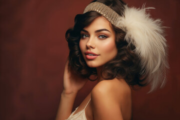 Exquisite flapper woman with feathered headband, embodying the stunning glamour and style of the roaring twenties, at a themed vintage fashion party.