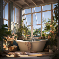 sharp image f a contemporary bohemian bathroom, natural light