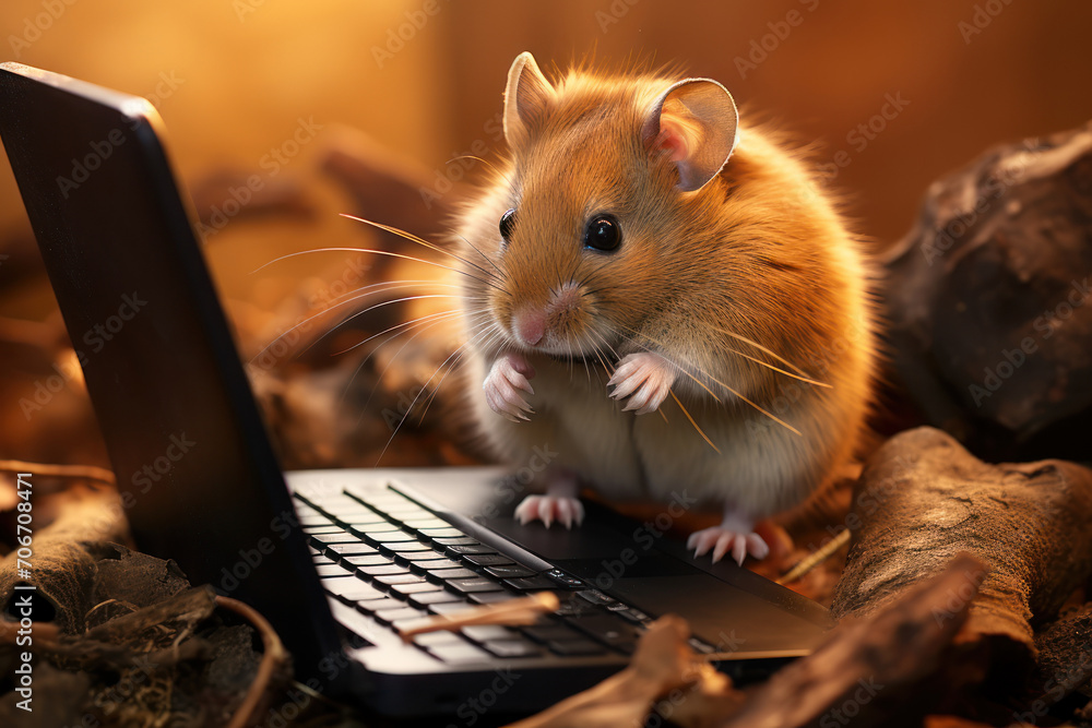 Poster a perplexed hamster staring at a miniature laptop, capturing the funny side of rodents navigating th