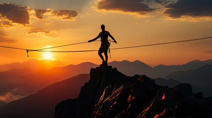 Sportsman courageously crossing a suspended bridge over an abyss in a canyon between mountains.