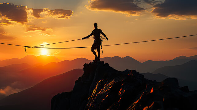 Sportsman courageously crossing a suspended bridge over an abyss in a canyon between mountains.