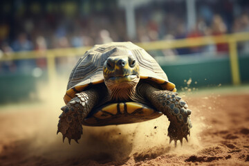 A turtle participating in a slow-motion race, illustrating the entertaining side of reptilian sportsmanship. Concept of turtle racing. Generative Ai.