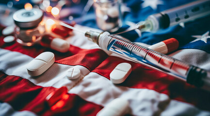 Painkiller epidemic in the US, tablets, needles and syringes lying on American flag - obrazy, fototapety, plakaty