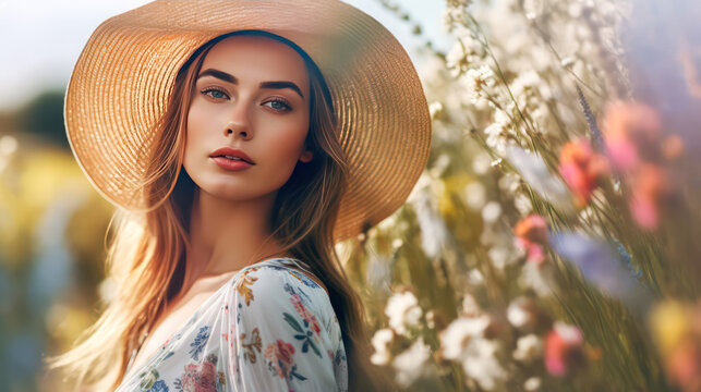 Captivating image of a girl in a straw hat against a background of a summer field of flowers.