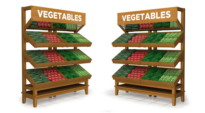 Supermarket wooden display stand with vegetable shelves. 3d illustration isolated on white