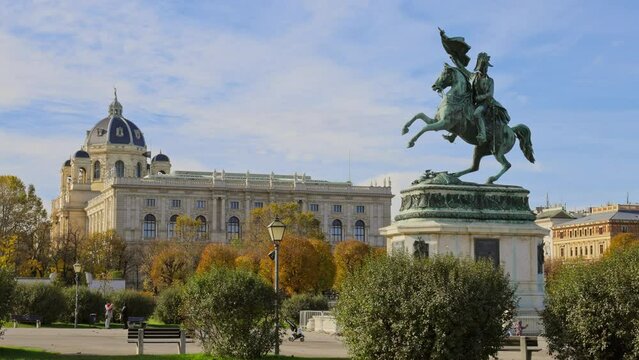 Moving towards the Statue of Archduke Charles on Heldenplatz Square and Museum of Natural History Dome, Vienna, Austria