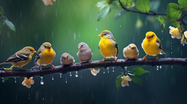 Cute group of little birds sitting rain tree branch photography wallpaper