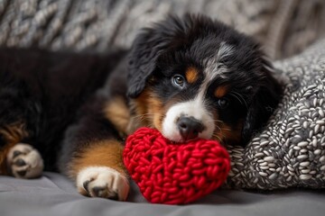 cute little Bernese Mountain Dog puppy with knitted heart in paws. Saint Valentine.
